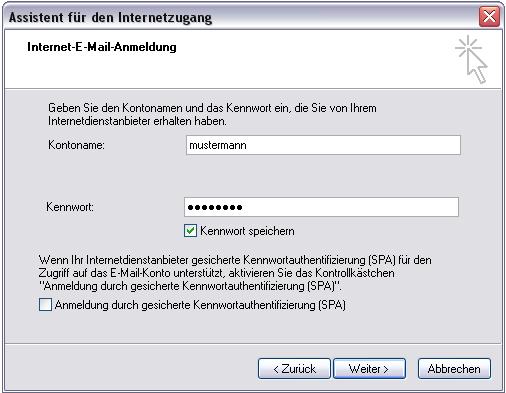 [Abbildung Angabe Benutzername und Pa�wort in Outlook Express]